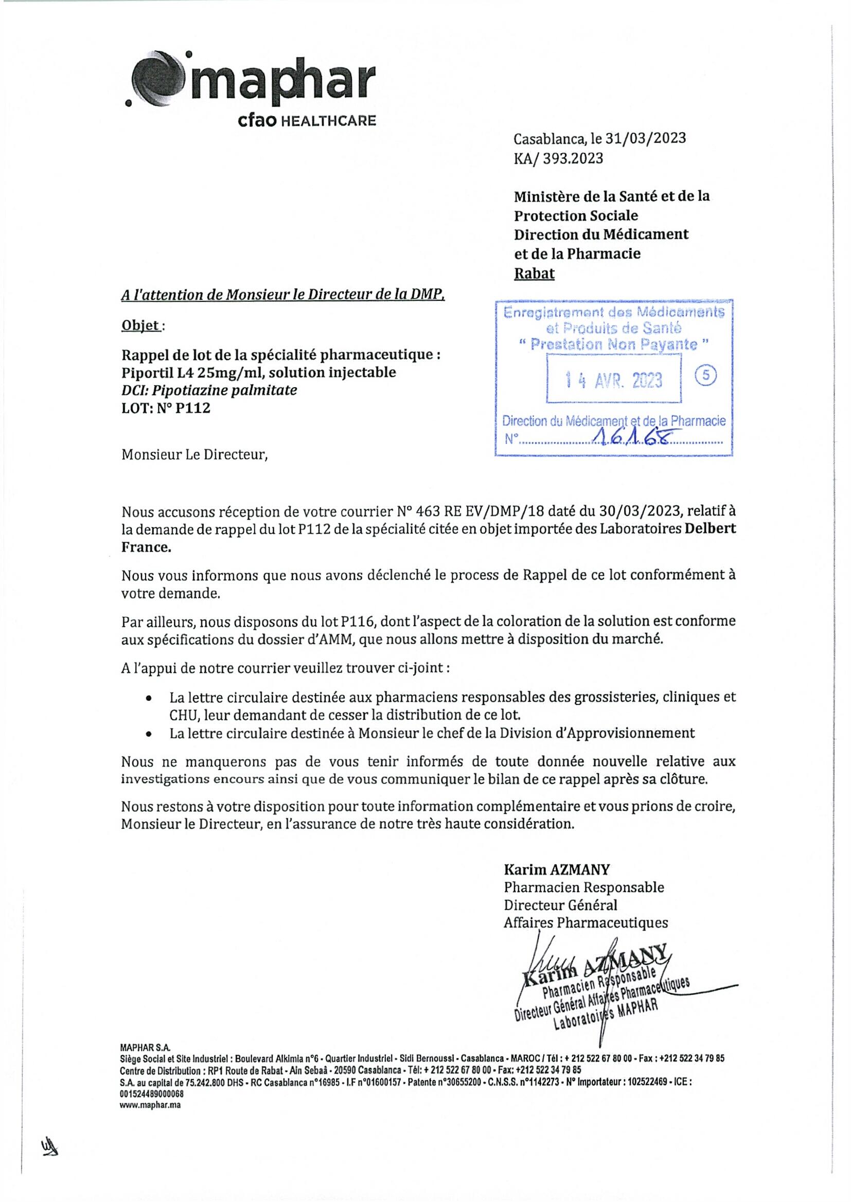 RAPPEL DE LOT PIPORTIL L4 25mg/ML solution injectable; DCI: Pipotiazine palmitate ; Lot N° P112