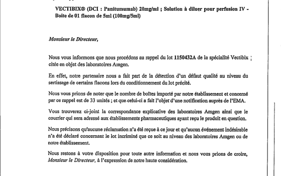 RAPPEL DE LOT Volontaire:  VECTIBIX (DCI: Panitumumab) 20mg/ML solution à diluer pour perfusion IV - Boite de 01 flacon de 5ml(100mg:5ml); Lot N° 1150432A