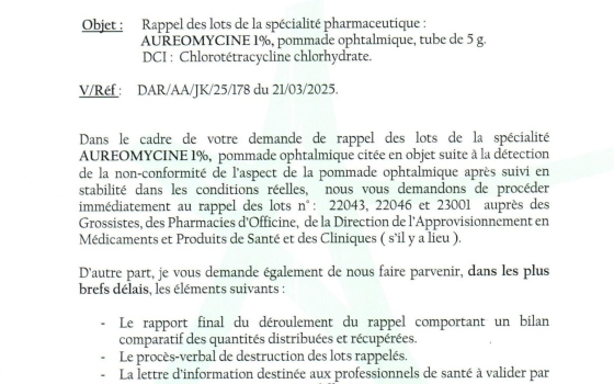 Rappel des lots de la spécialité pharmaceutique: AUREOMYCINE 1%,pommade ophtalmique ,tube de 5g ,DCI: Chlorotétracycline Chlorhydrate